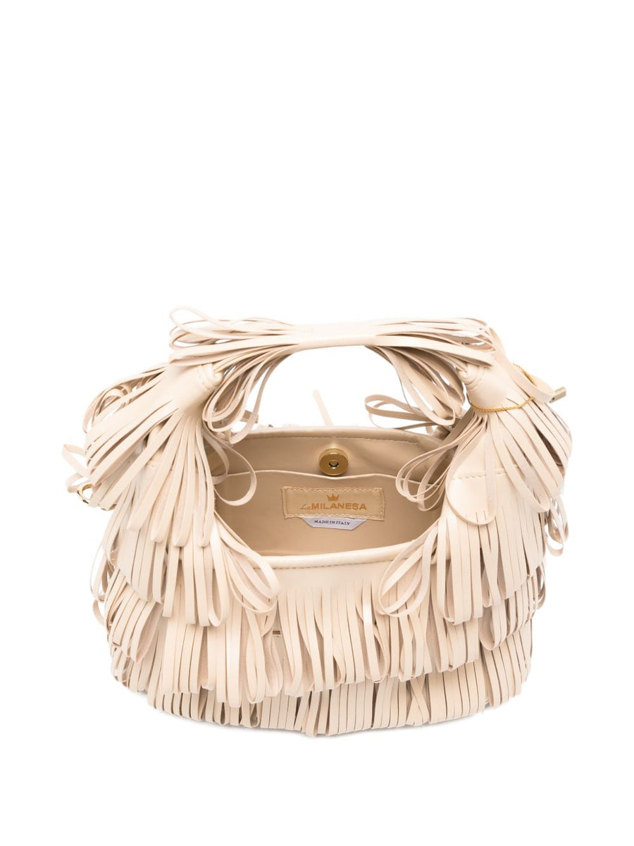 La Milanesa Capucine Small Hobo Bag Ivory With Beige Fringed Top Handle For Women
