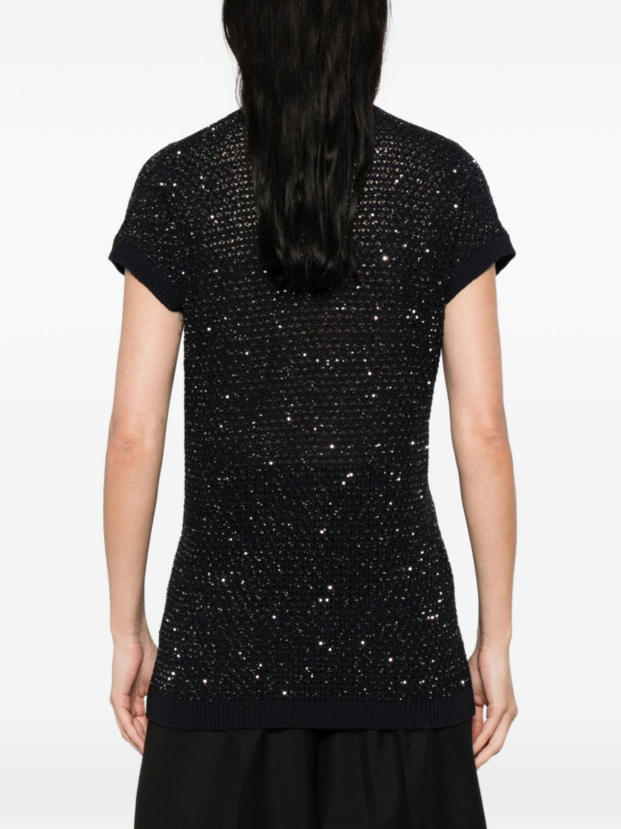 Fabiana Filippi Navy V Neck Top With Embellished Neckline For Women Luxury Everyday Style