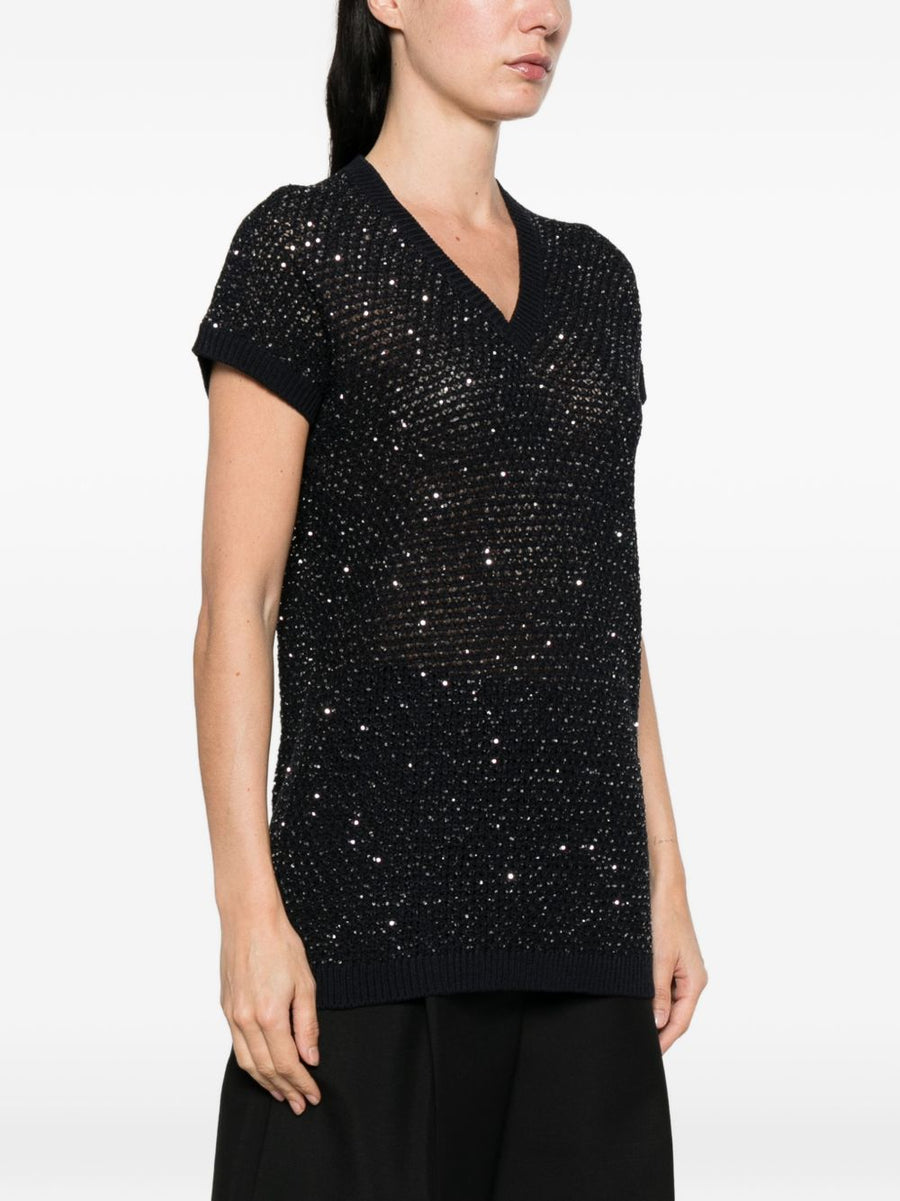 Fabiana Filippi Navy V Neck Top With Embellished Neckline For Women Luxury Everyday Style