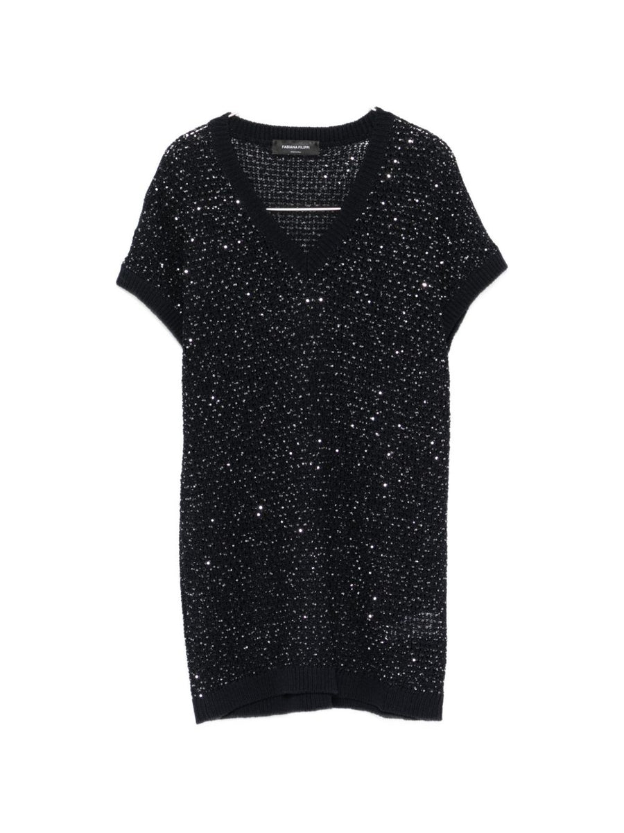 Fabiana Filippi Navy V Neck Top With Embellished Neckline For Women Luxury Everyday Style