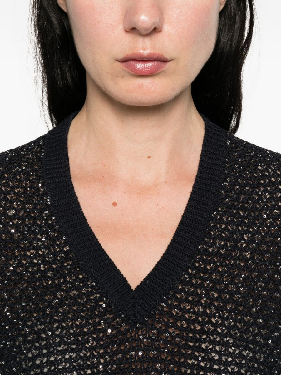 Fabiana Filippi Navy V Neck Top With Embellished Neckline For Women Luxury Everyday Style