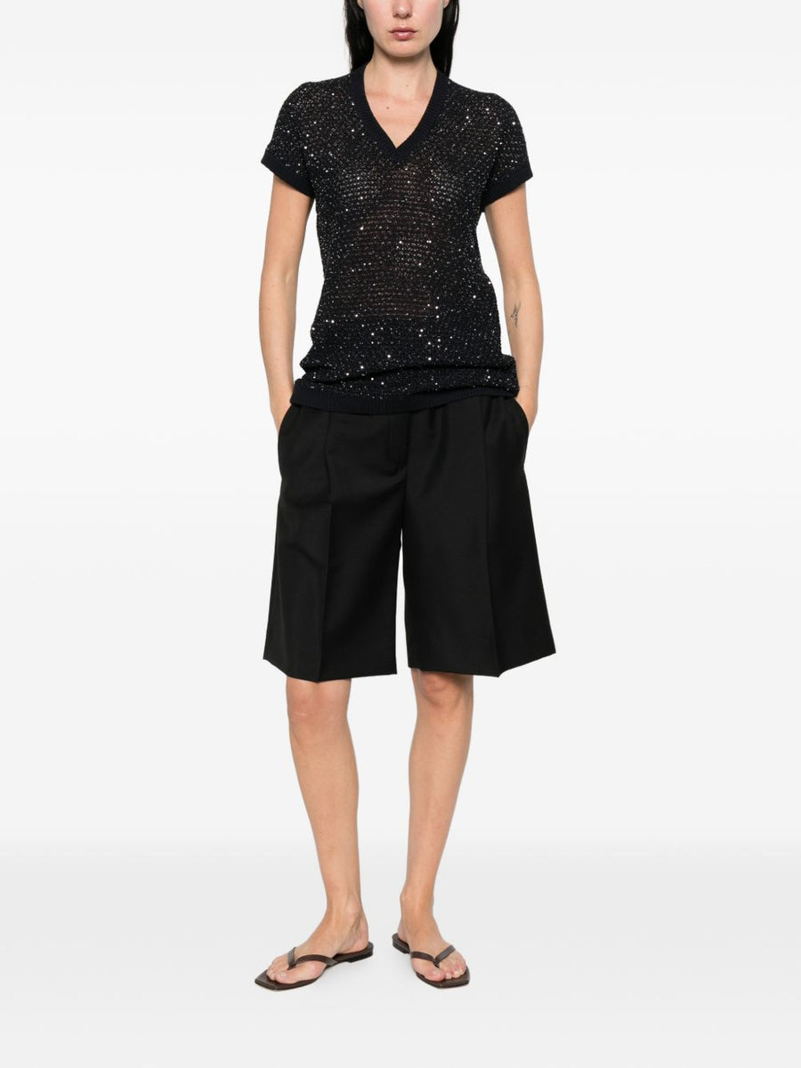 Fabiana Filippi Navy V Neck Top With Embellished Neckline For Women Luxury Everyday Style