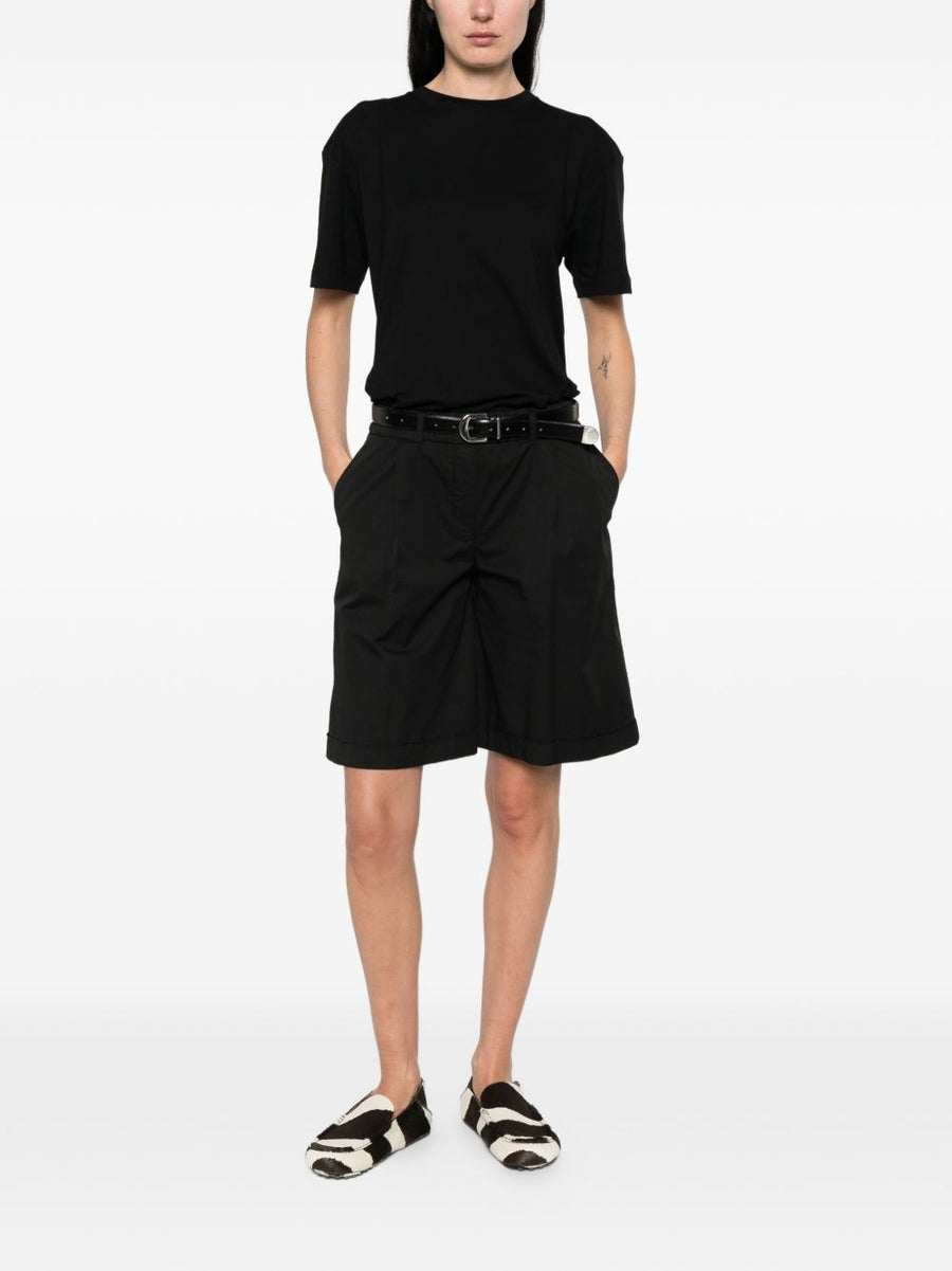Via Masini 80 Premium Cotton Bermuda Shorts For Women In Black With Elastic Waist Pleated Front Turn Up Hem