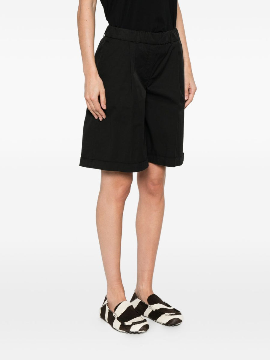 Via Masini 80 Premium Cotton Bermuda Shorts For Women In Black With Elastic Waist Pleated Front Turn Up Hem