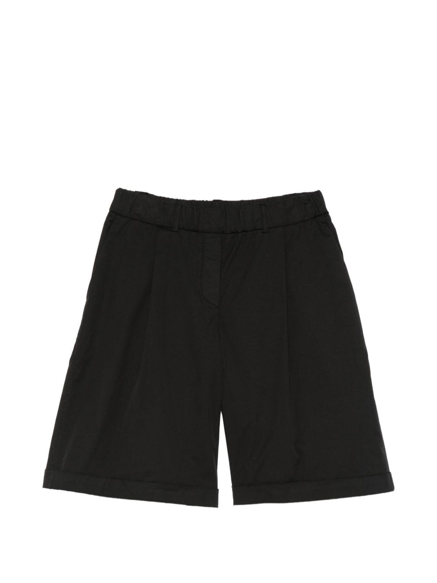 Via Masini 80 Premium Cotton Bermuda Shorts For Women In Black With Elastic Waist Pleated Front Turn Up Hem
