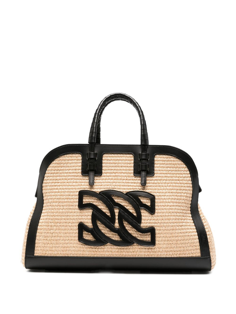 Casadei Park Avenue Tote Bag for Women Multicolor Raffia and Calf Leather Signature Logo Appliqué, Woven Trim