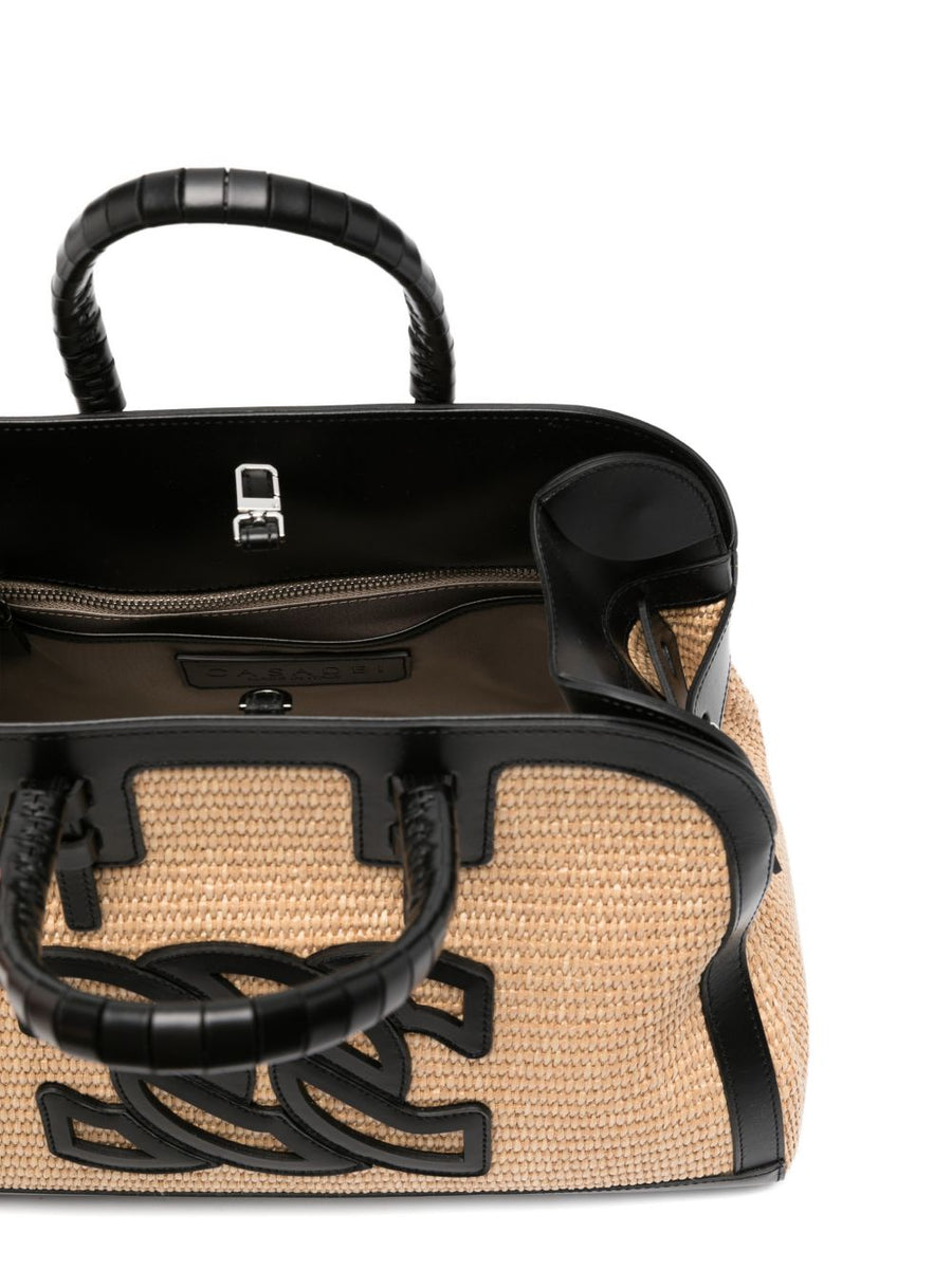 Casadei Park Avenue Tote Bag for Women Multicolor Raffia and Calf Leather Signature Logo Appliqué, Woven Trim