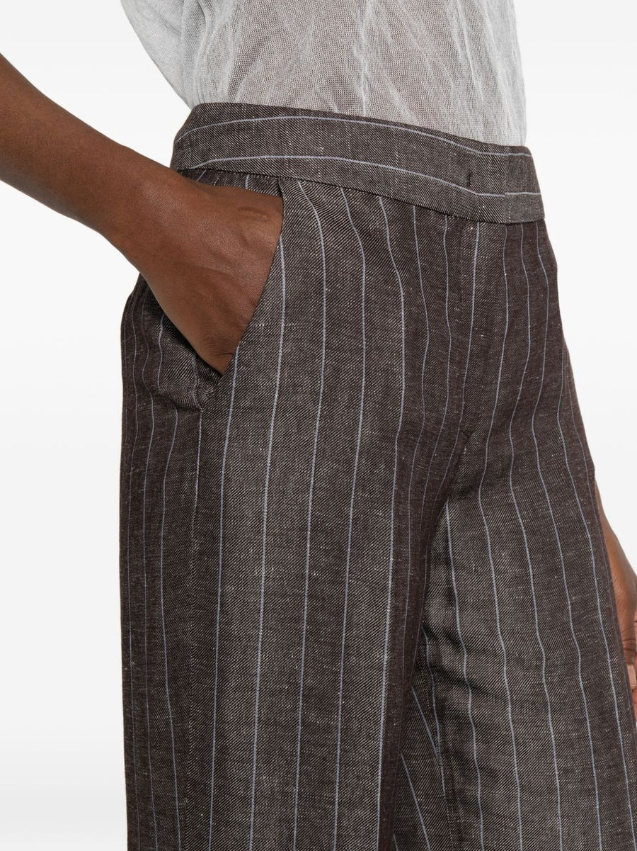 Via Masini 80 Pinstriped Linen Blend Trousers Women Breathable Warm Weather Workwear Brown