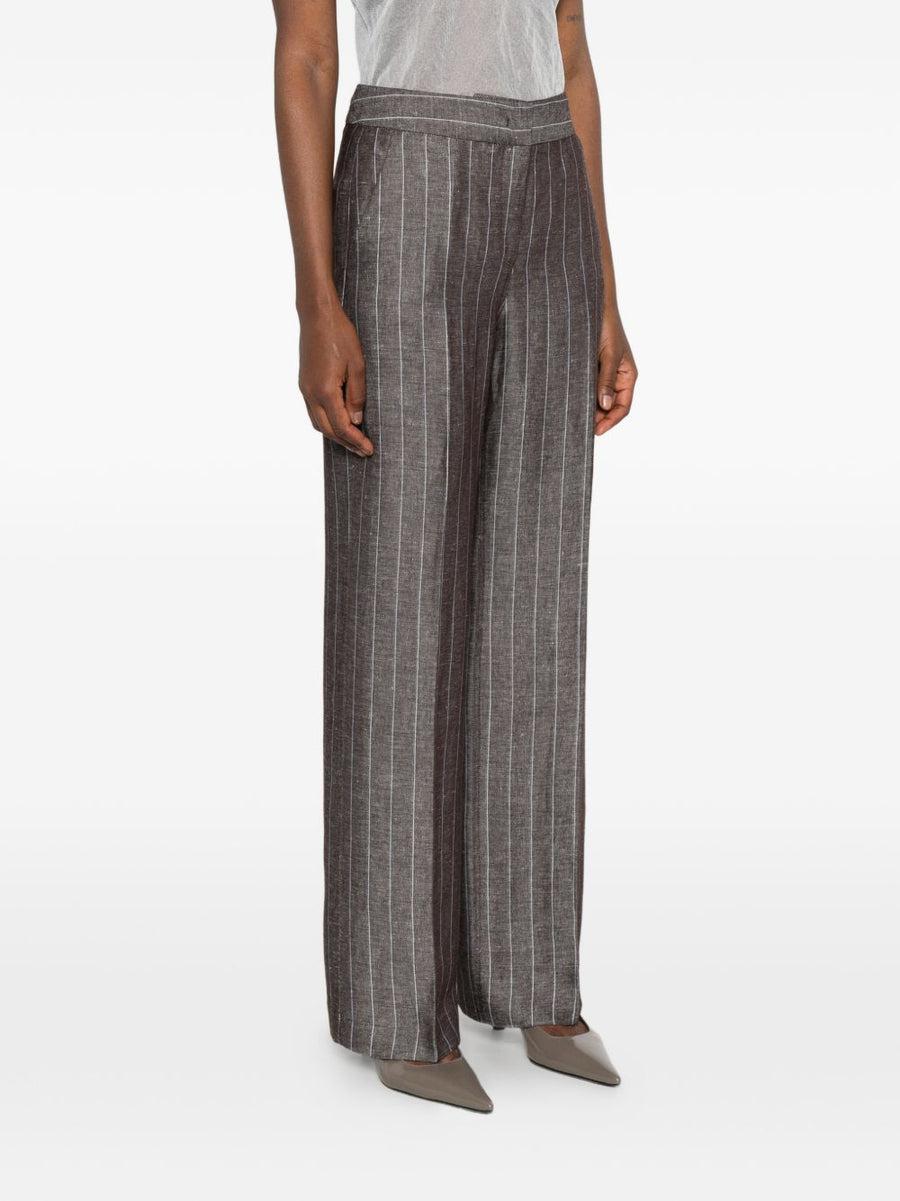 Via Masini 80 Pinstriped Linen Blend Trousers Women Breathable Warm Weather Workwear Brown