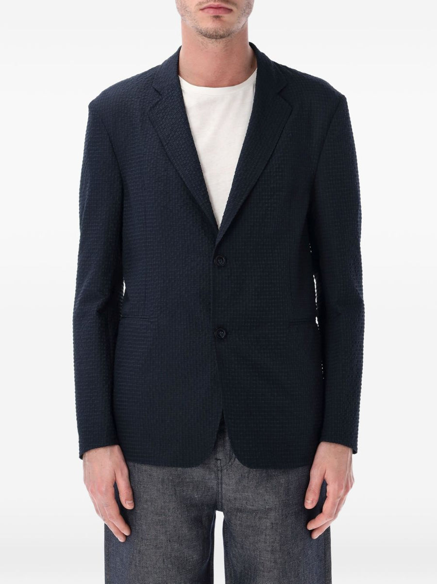 Emporio Armani Navy Seersucker Single-Breasted Blazer For Men - Lightweight, Refined Summer Style, Premium