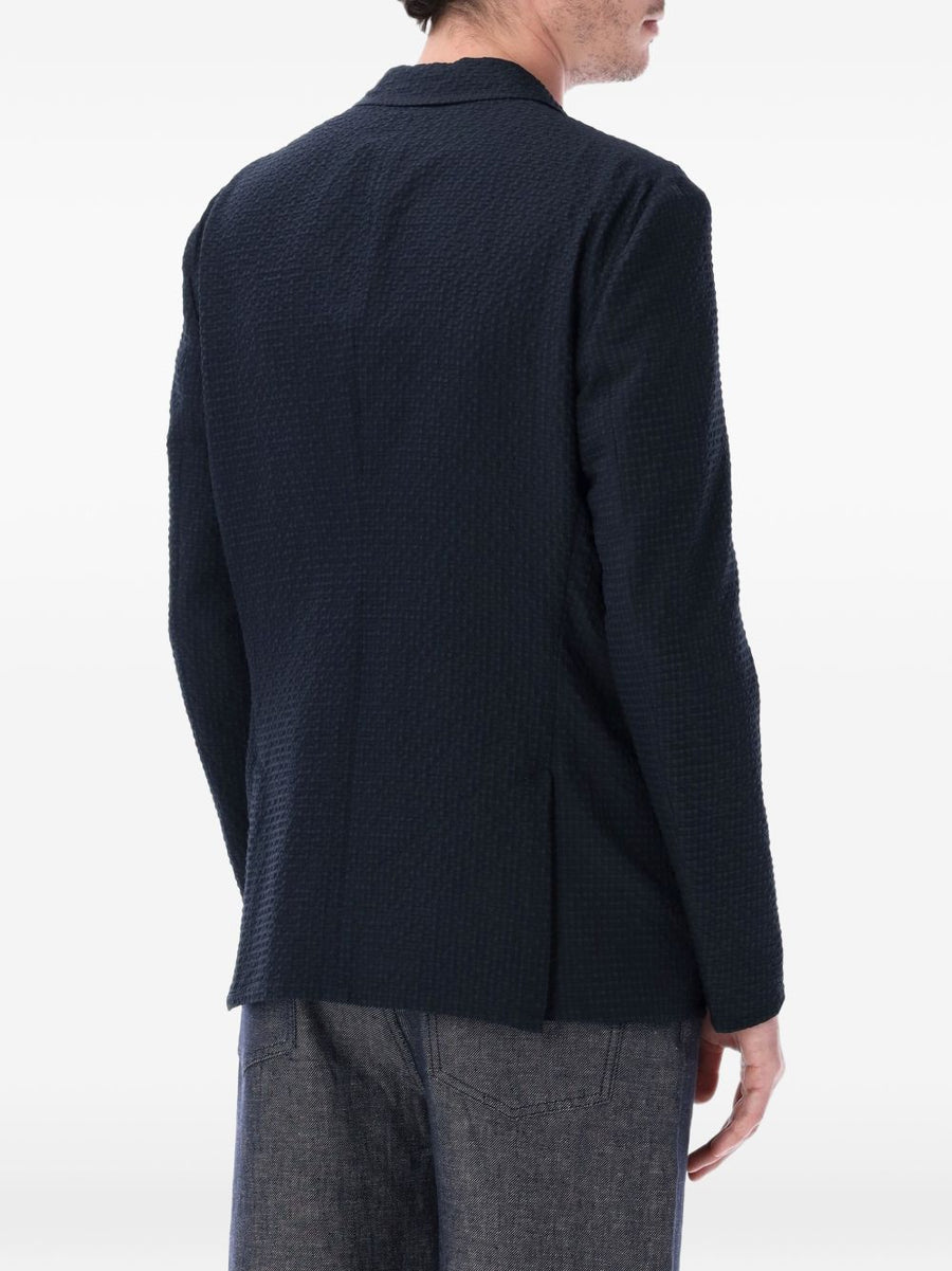 Emporio Armani Navy Seersucker Single-Breasted Blazer For Men - Lightweight, Refined Summer Style, Premium