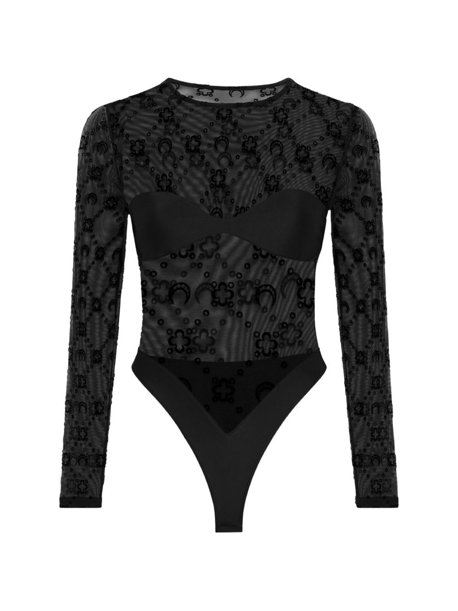 Marine Serre Moonogram Bodysuit Black Long Sleeve With Flocked Finish Premium For Women