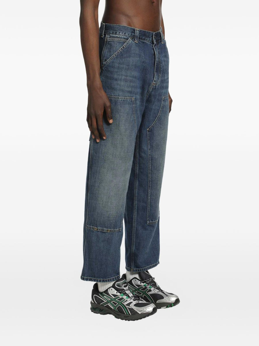 Carhartt WIP Double Knee Cotton Jeans For Men Navy Blue Panelled Design Rugged Workwear