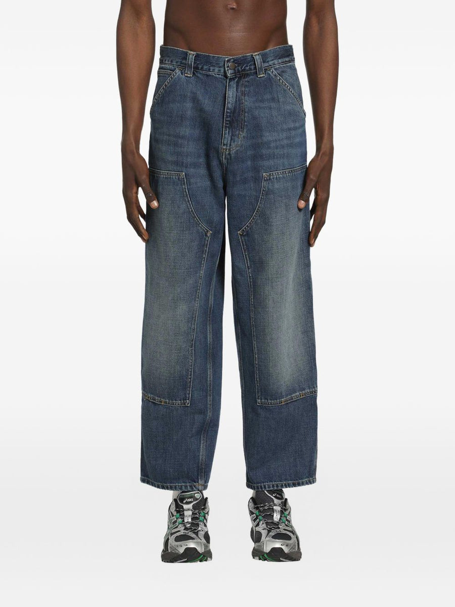 Carhartt WIP Double Knee Cotton Jeans For Men Navy Blue Panelled Design Rugged Workwear