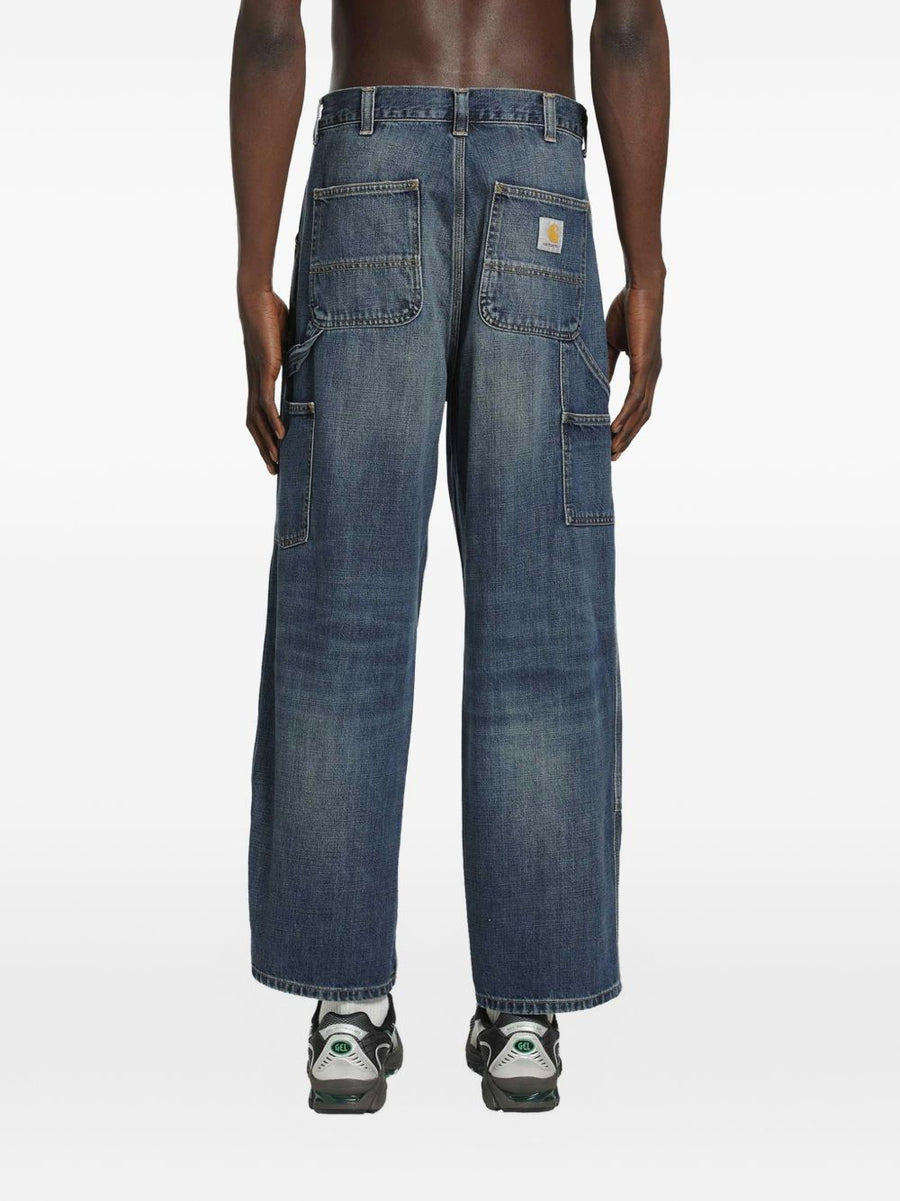 Carhartt WIP Double Knee Cotton Jeans For Men Navy Blue Panelled Design Rugged Workwear