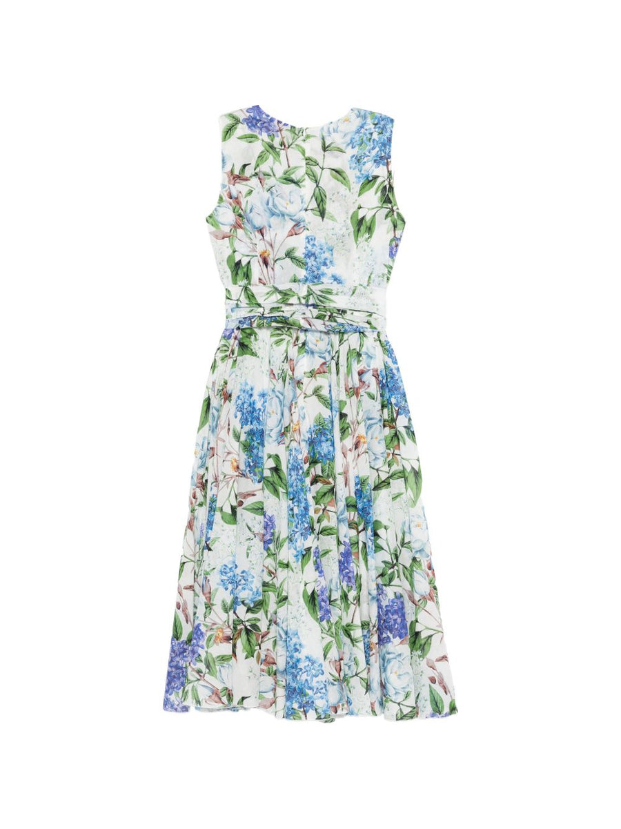 Samantha Sung Aster Cotton Midi Dress With Waist Belt For Women Breathable Light Blue Floral Print Resort Wear