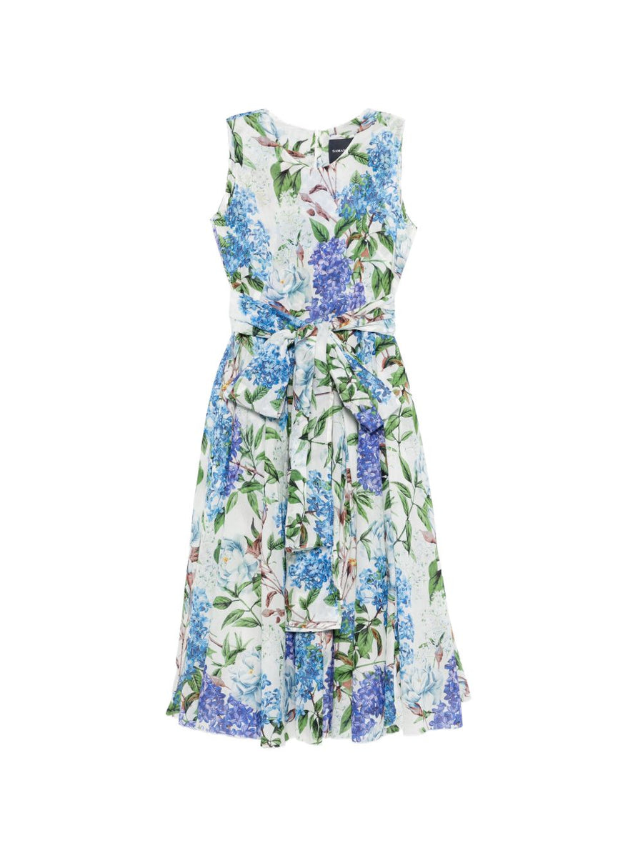Samantha Sung Aster Cotton Midi Dress With Waist Belt For Women Breathable Light Blue Floral Print Resort Wear