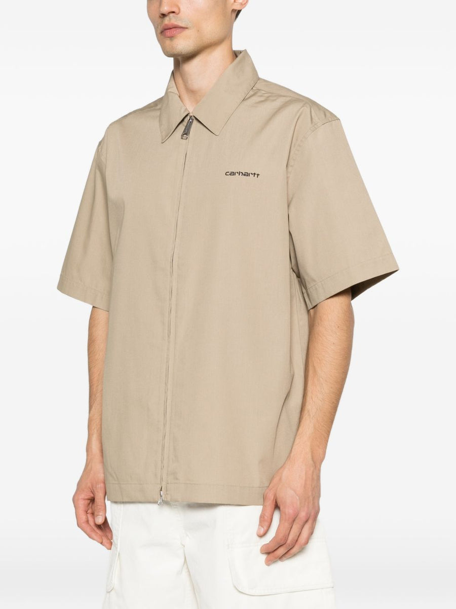 Carhartt Wip Main Cotton Shirt For Men With Front Zip And Point Collar Beige Everyday Durable Wardrobe Staple