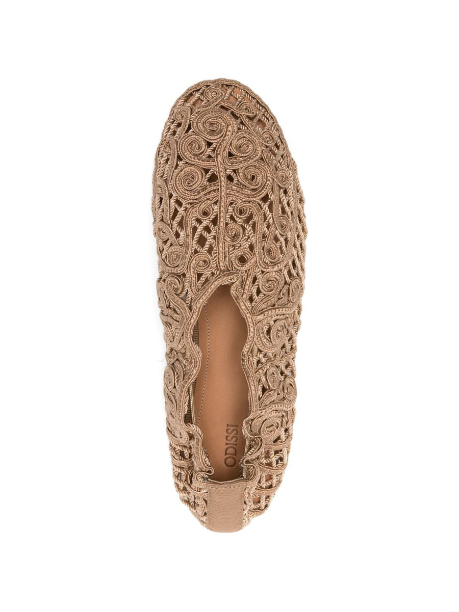 Odissi Iris Ballet Flats Beige Crochet Knit Slip On Almond Toe For Women Luxury Everyday