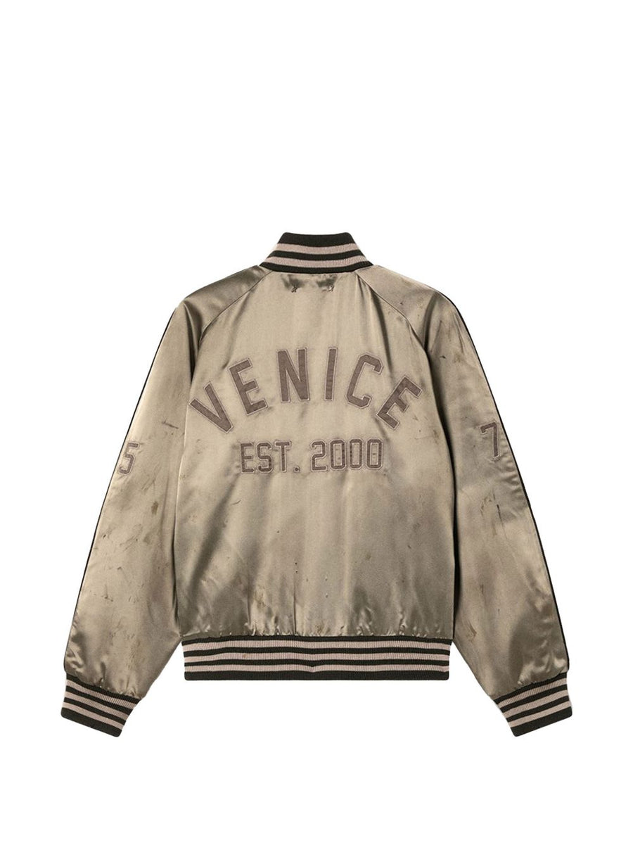 Golden Goose Satin Bomber Jacket For Men Green With Striped Ribbed Trims Luxurious Resort Wear