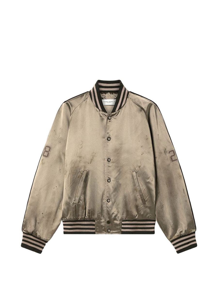 Golden Goose Satin Bomber Jacket For Men Green With Striped Ribbed Trims Luxurious Resort Wear