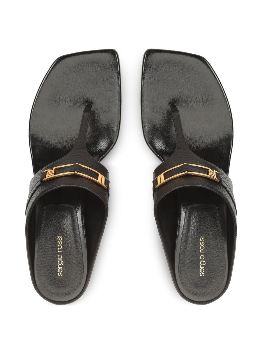 Sergio Rossi Leather Thong Sandals For Women Black Calf Leather With Signature Logo Detail And Gold Hardware