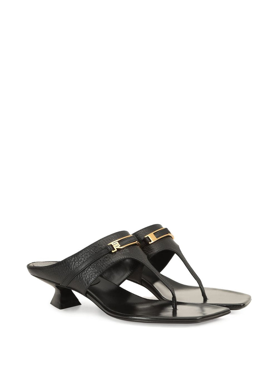 Sergio Rossi Leather Thong Sandals For Women Black Calf Leather With Signature Logo Detail And Gold Hardware