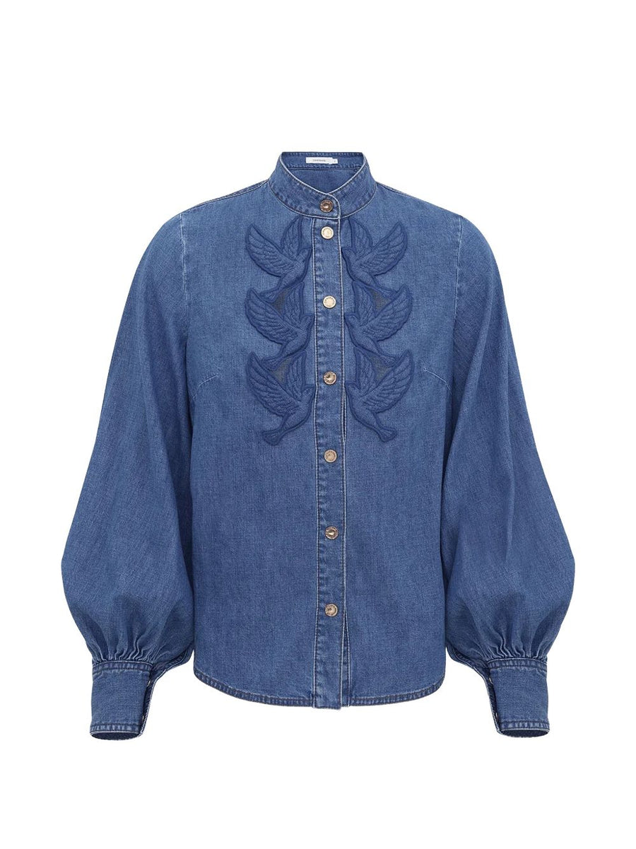 Zimmermann Denim Applique Shirt For Women Navy Cotton Mandarin Collar With Textured Detailing