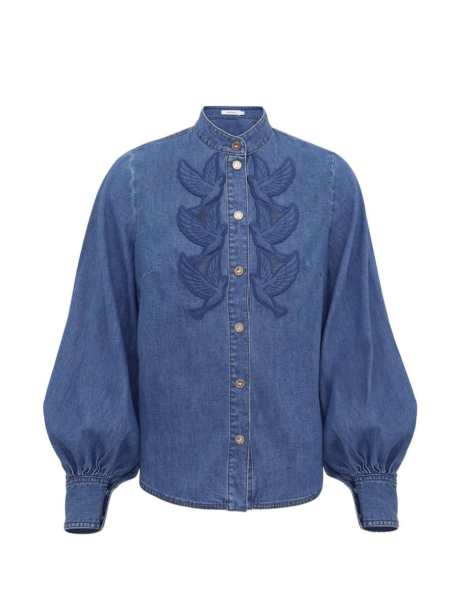 Zimmermann Denim Applique Shirt For Women Navy Cotton Mandarin Collar With Textured Detailing