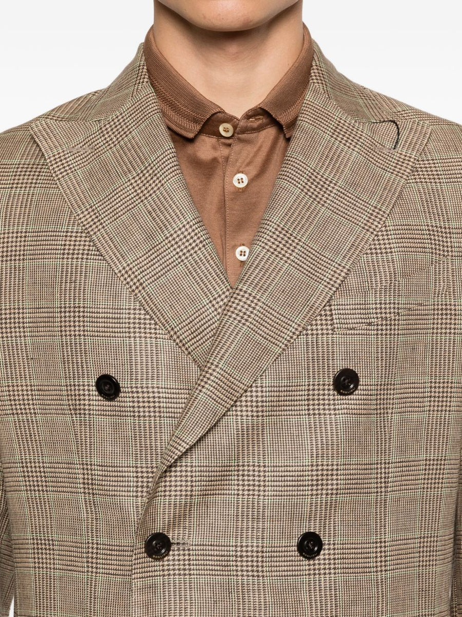Boglioli Linen Double Breasted Jacket For Men Brown Check Breathable Summer Blazer