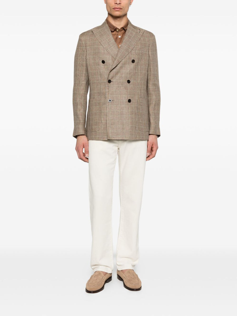Boglioli Linen Double Breasted Jacket For Men Brown Check Breathable Summer Blazer