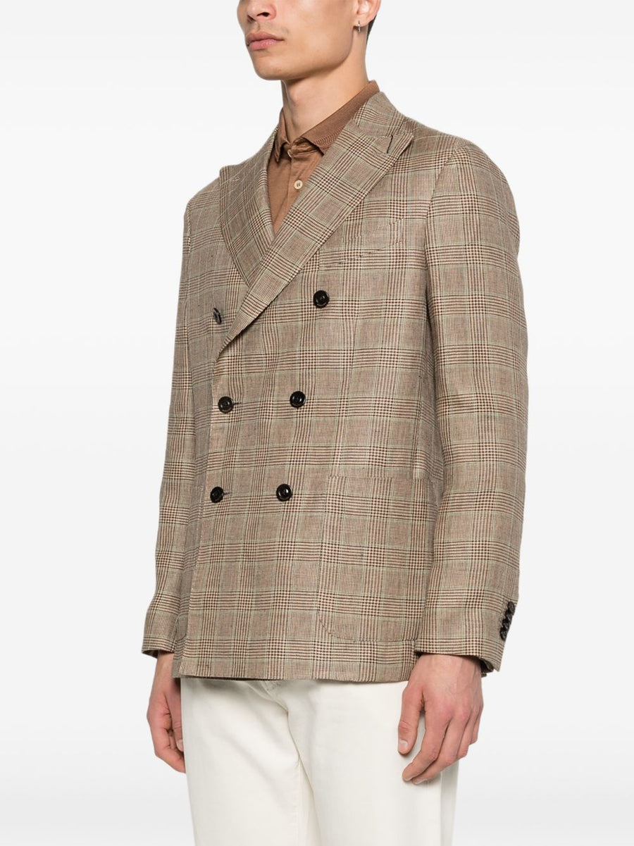 Boglioli Linen Double Breasted Jacket For Men Brown Check Breathable Summer Blazer