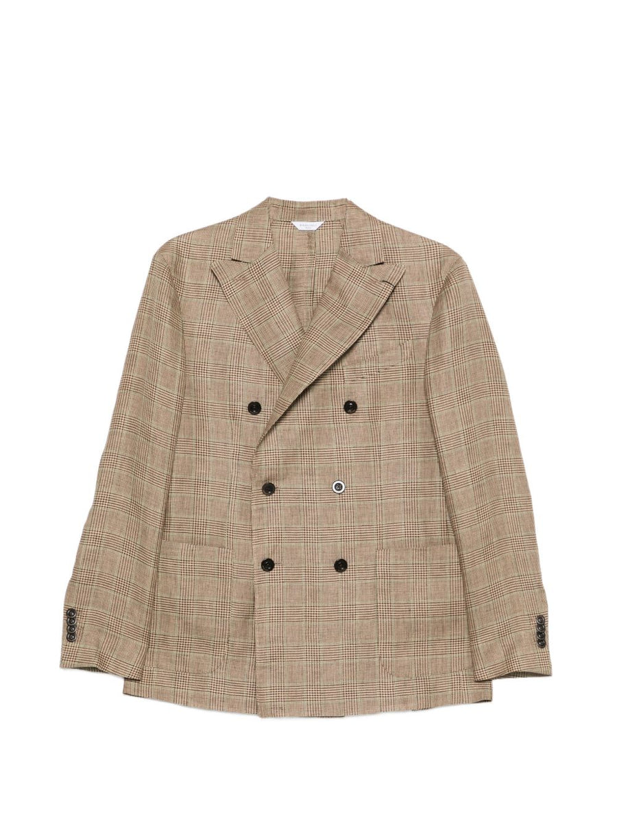 Boglioli Linen Double Breasted Jacket For Men Brown Check Breathable Summer Blazer