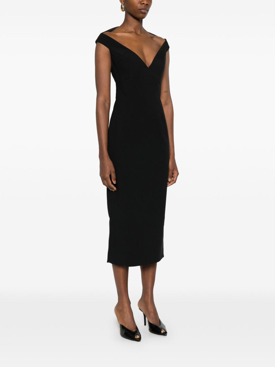 Solace London Monica Midi Dress Black Zip Front V Neck For Women Elegant Day To Night Versatile Luxe