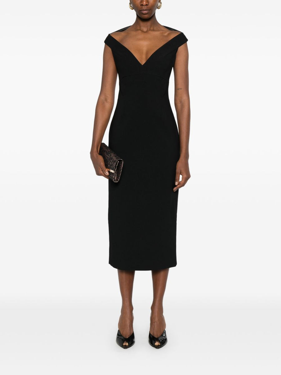 Solace London Monica Midi Dress Black Zip Front V Neck For Women Elegant Day To Night Versatile Luxe