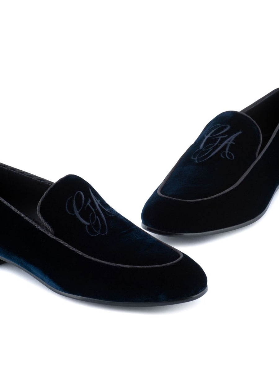 Giorgio Armani Velvet Loafers for Men Embroidered Logo Navy Slip On Moccasins Luxury Footwear