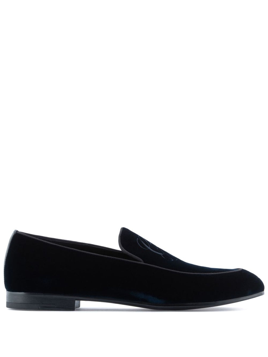 Giorgio Armani Velvet Loafers for Men Embroidered Logo Navy Slip On Moccasins Luxury Footwear