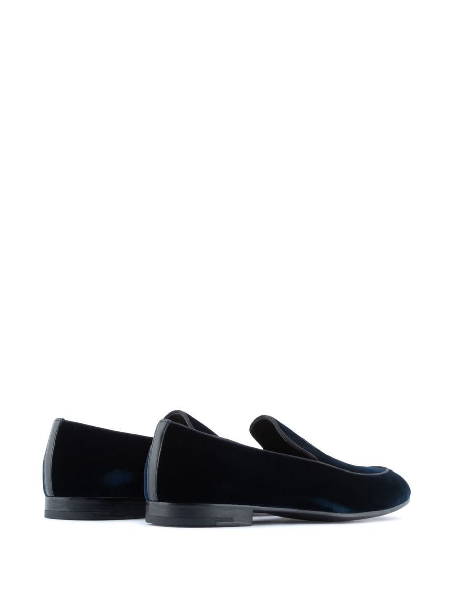 Giorgio Armani Velvet Loafers for Men Embroidered Logo Navy Slip On Moccasins Luxury Footwear