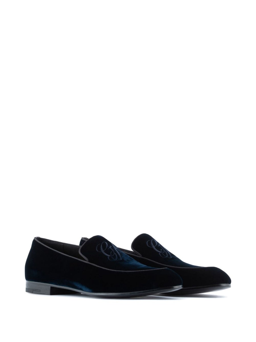 Giorgio Armani Velvet Loafers for Men Embroidered Logo Navy Slip On Moccasins Luxury Footwear