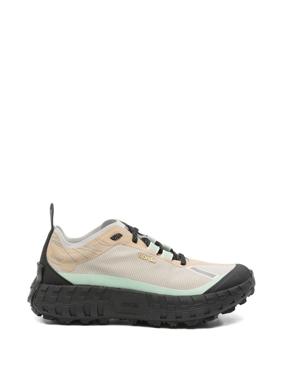 Norda 001 Sneakers Beige Fabric With Front Lace Up Reflective Trim Heel Pull Tab For Women Versatile All Day Comfort