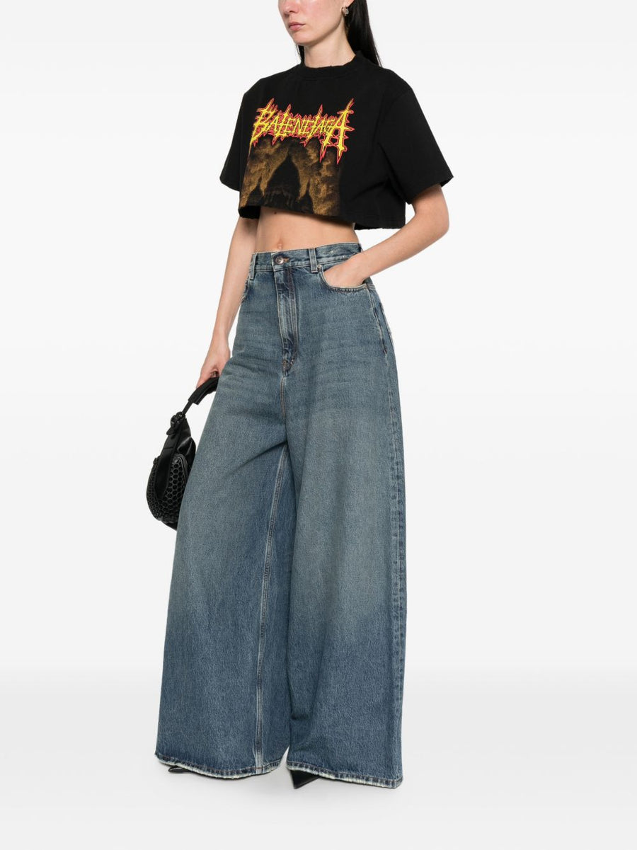 Balenciaga Navy Flared Denim Jeans For Women Premium Luxury Wide Leg Distressed City Chic
