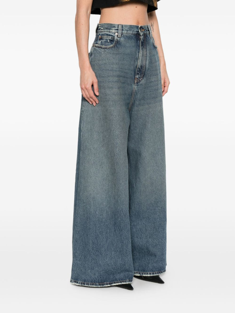 Balenciaga Navy Flared Denim Jeans For Women Premium Luxury Wide Leg Distressed City Chic