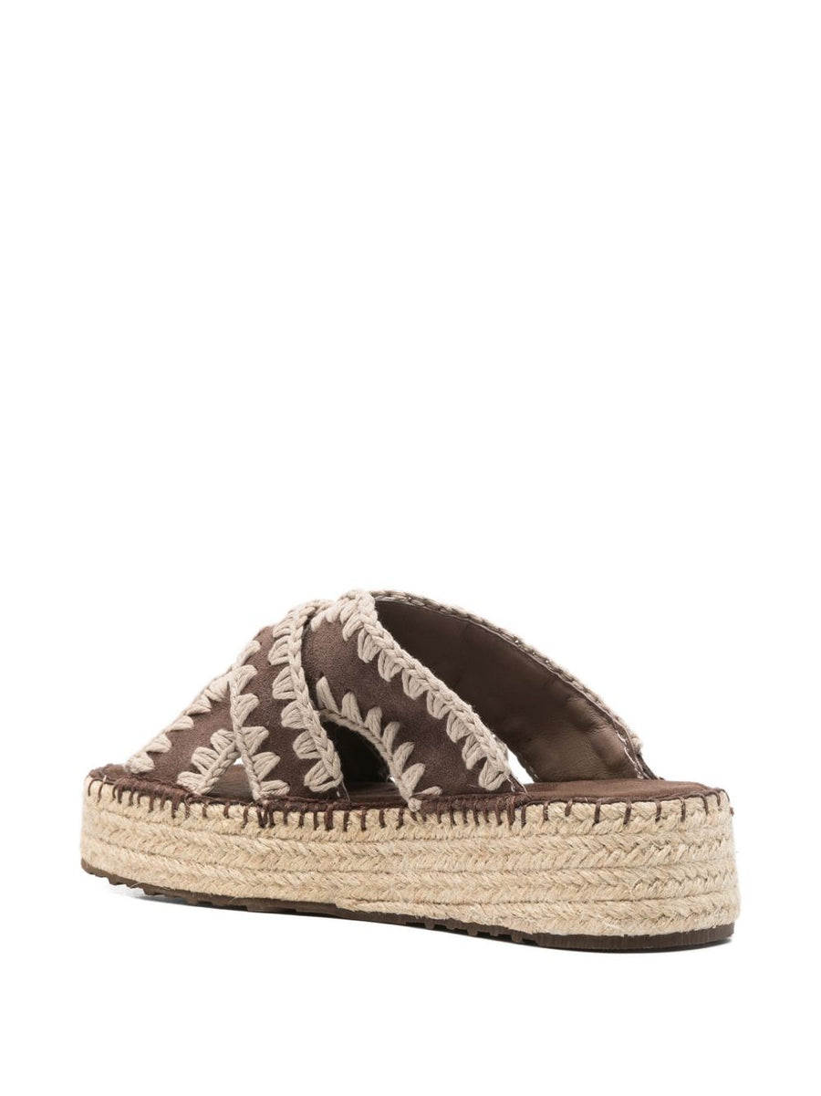 Mou Jute Platform Sandals For Women Open Toe Buckle Closure Luxurious Jute Wrapped Platform Calf Suede