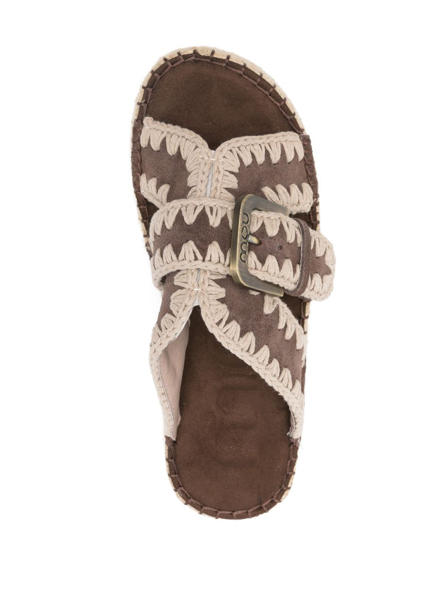 Mou Jute Platform Sandals For Women Open Toe Buckle Closure Luxurious Jute Wrapped Platform Calf Suede
