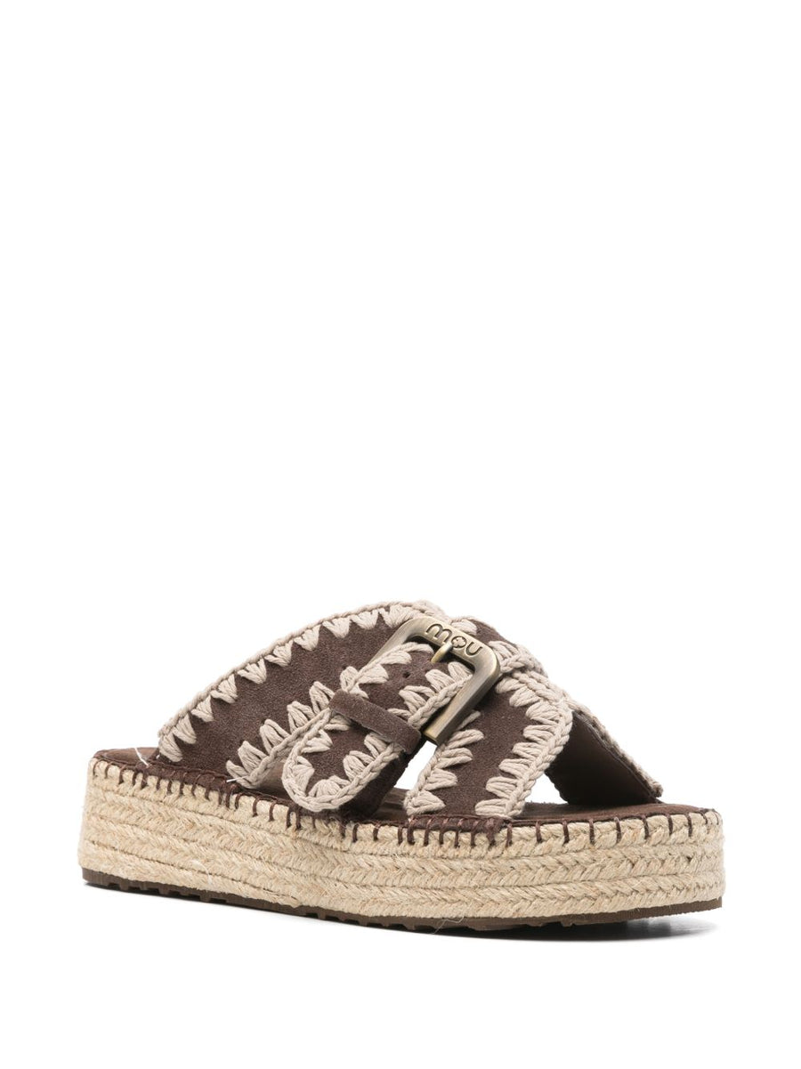 Mou Jute Platform Sandals For Women Open Toe Buckle Closure Luxurious Jute Wrapped Platform Calf Suede