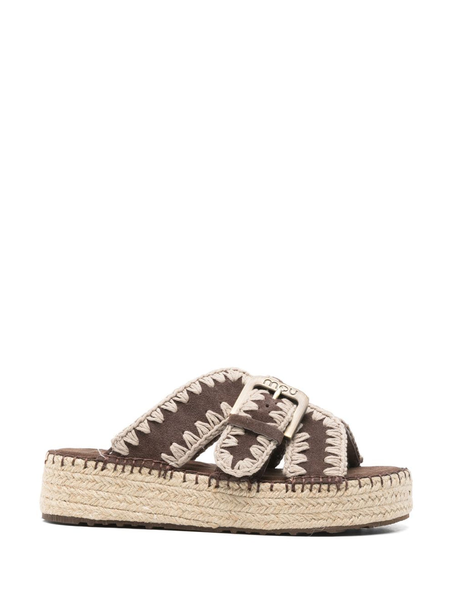 Mou Jute Platform Sandals For Women Open Toe Buckle Closure Luxurious Jute Wrapped Platform Calf Suede