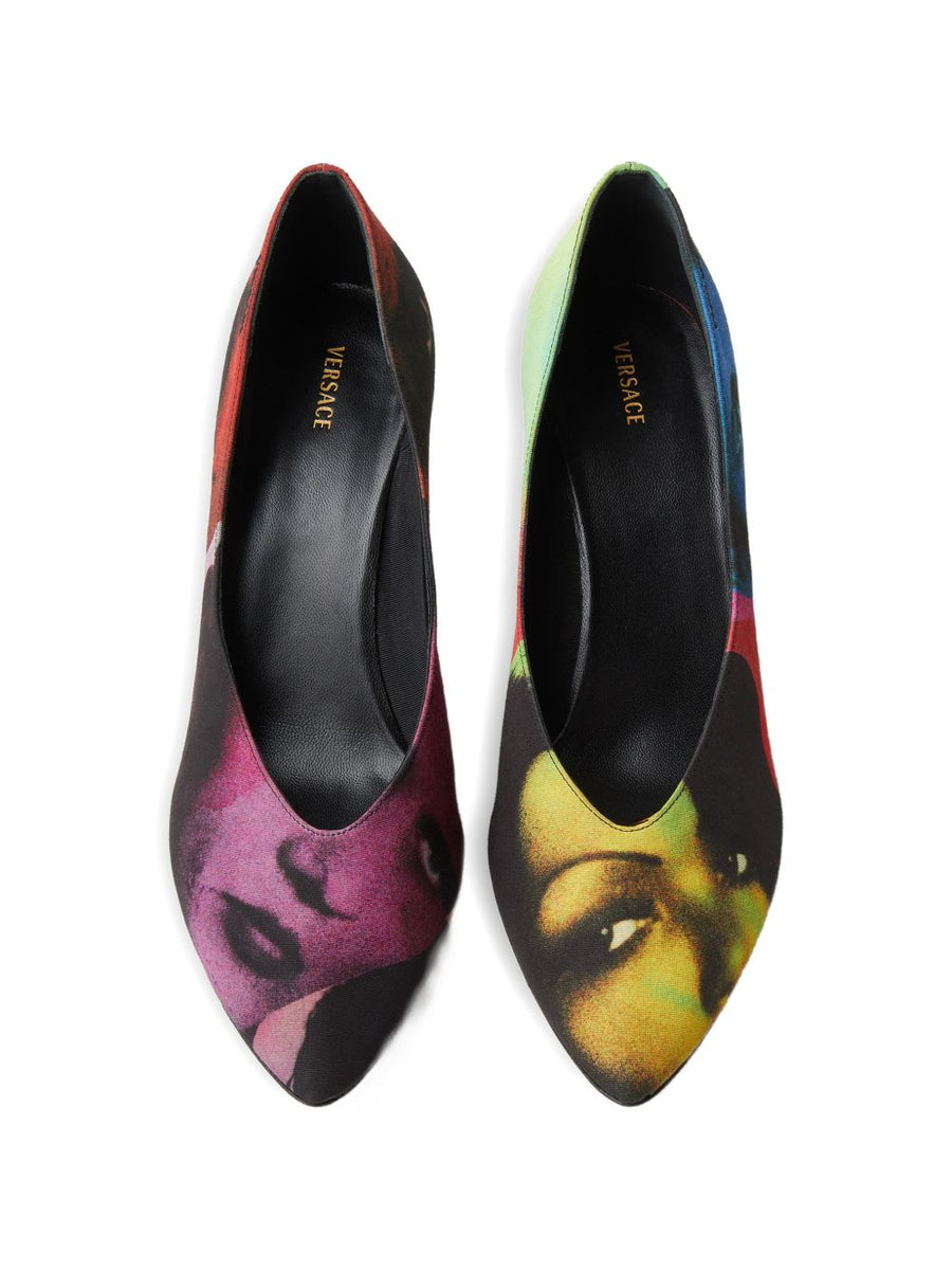 Versace Printed Pumps For Women Bold Multicolor Face Print