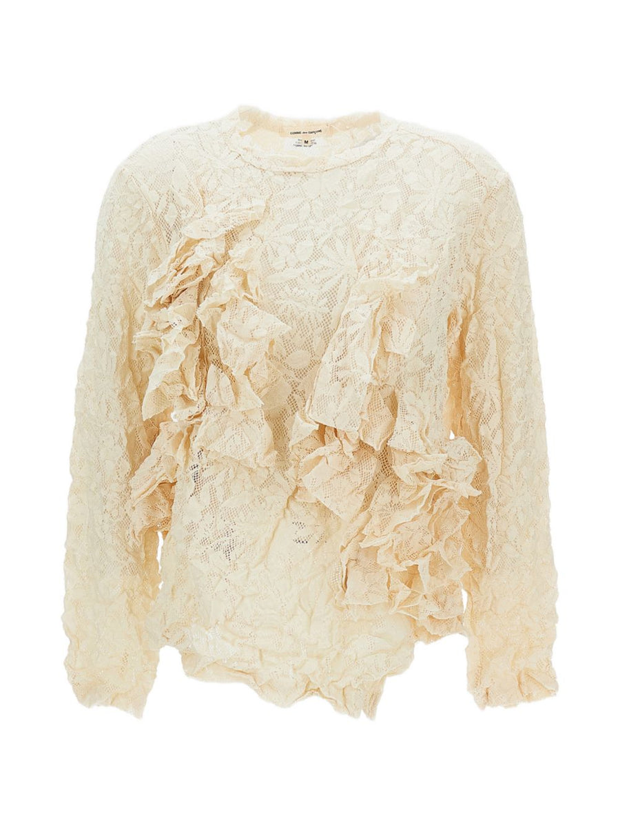 Comme Des Garcons Rouched Top Ivory For Women With Floral Design And Quiet Luxury Ruffles