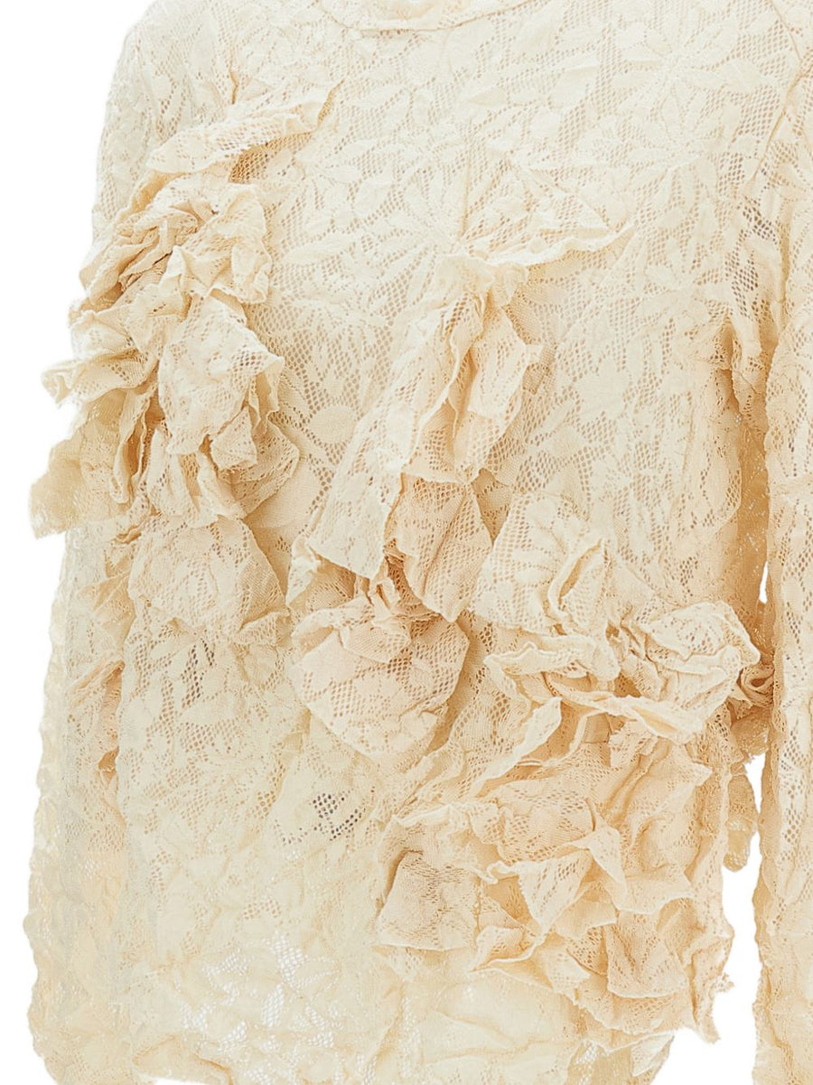Comme Des Garcons Rouched Top Ivory For Women With Floral Design And Quiet Luxury Ruffles