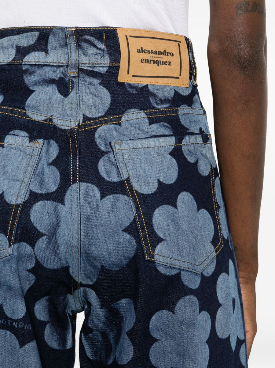 Alessandro Enriquez Printed Denim Jeans For Women Navy Floral Heart Motif 100 Percent Cotton Luxury Designer